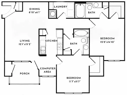 Floor plan 2BR 2BA (1180sf)