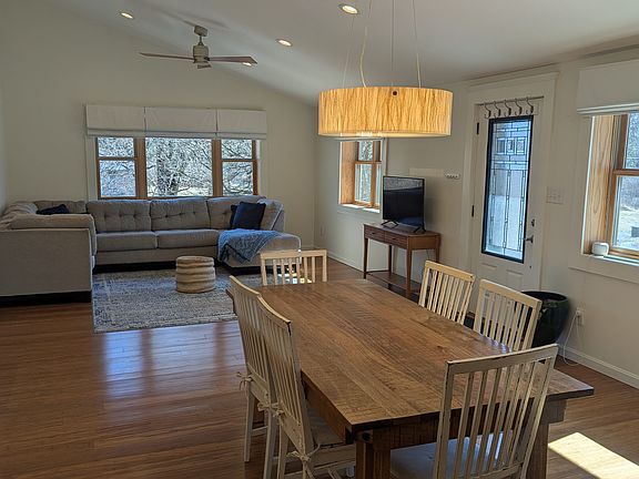 Open concept living/dining area with 13 foot vaulted ceilings. Radiant heat and mini splits/fan.