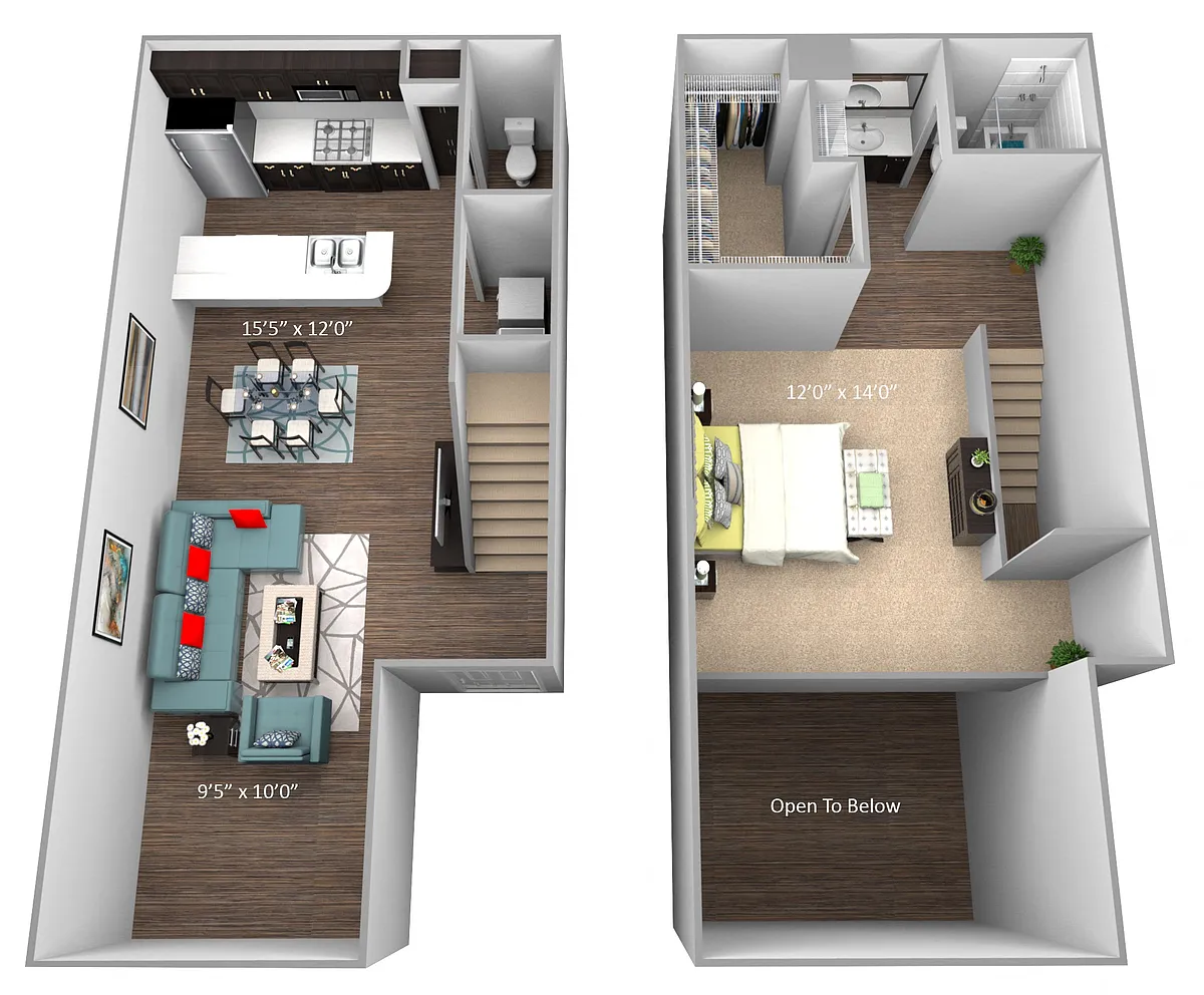 Floor plan One Bedroom One Bath and Half Bath Loft (Townhome)