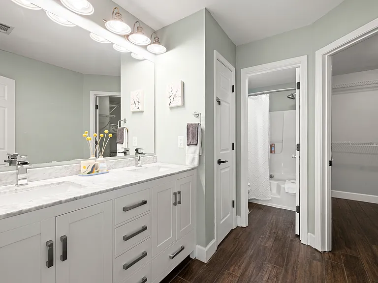 Master bathroom with tub and extra large walk in closet