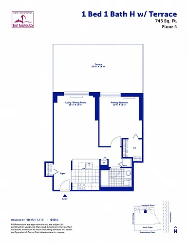 Floor plan 1 Bed 1 Bath H with Terrace