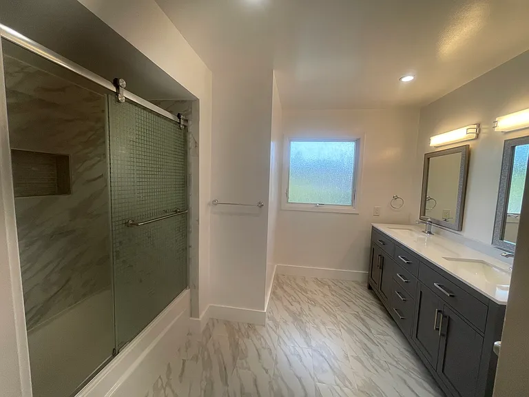 Remodeled shared bath with double sinks