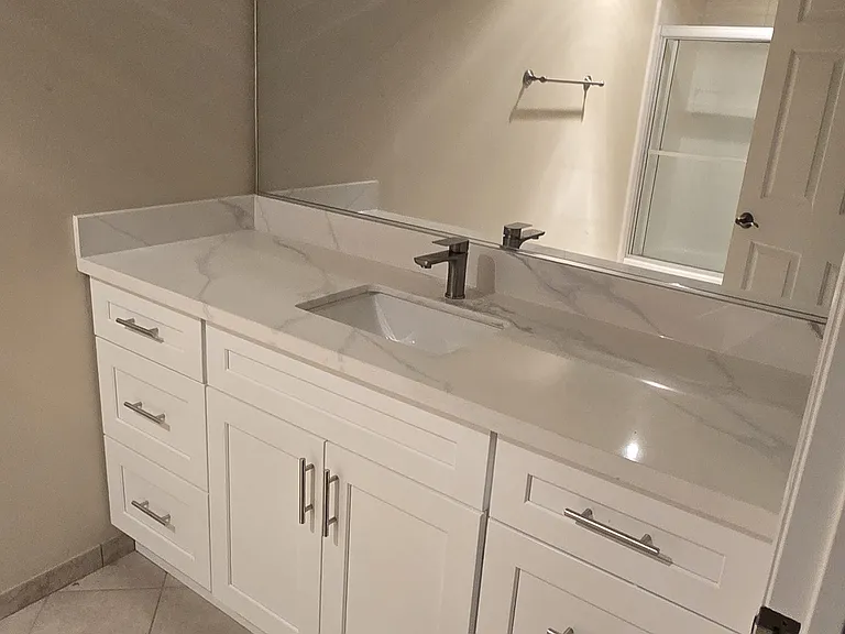 Master Bathroom has been completely updated with new vanity, new Quartz countertop, new sink, new faucet, and new toilet