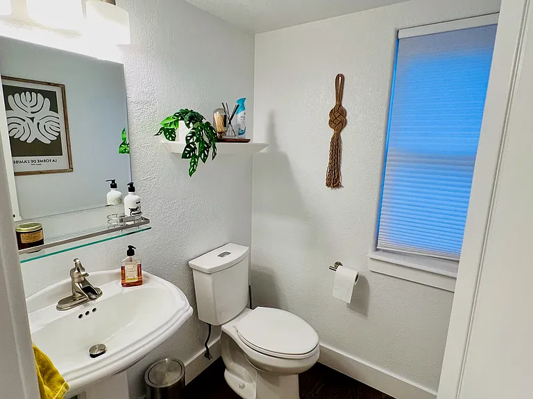 Guest bathroom on main level next to the second living/office space.