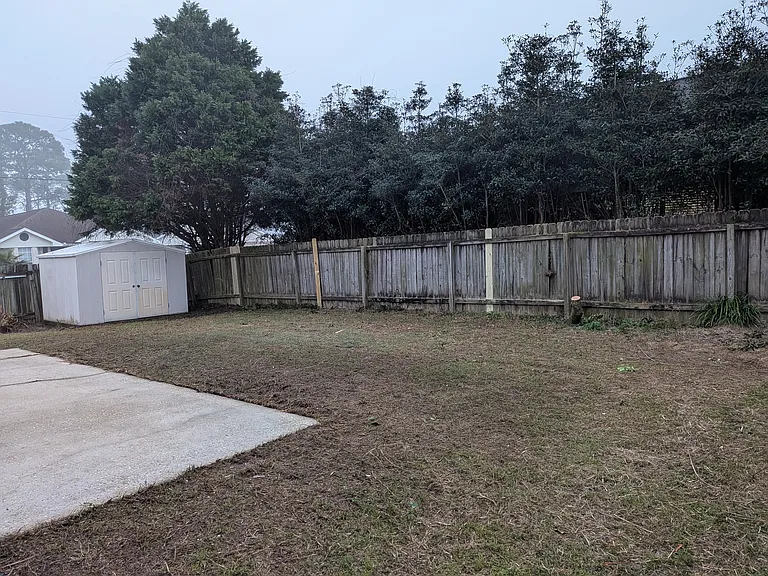 Backyard with storage shed.