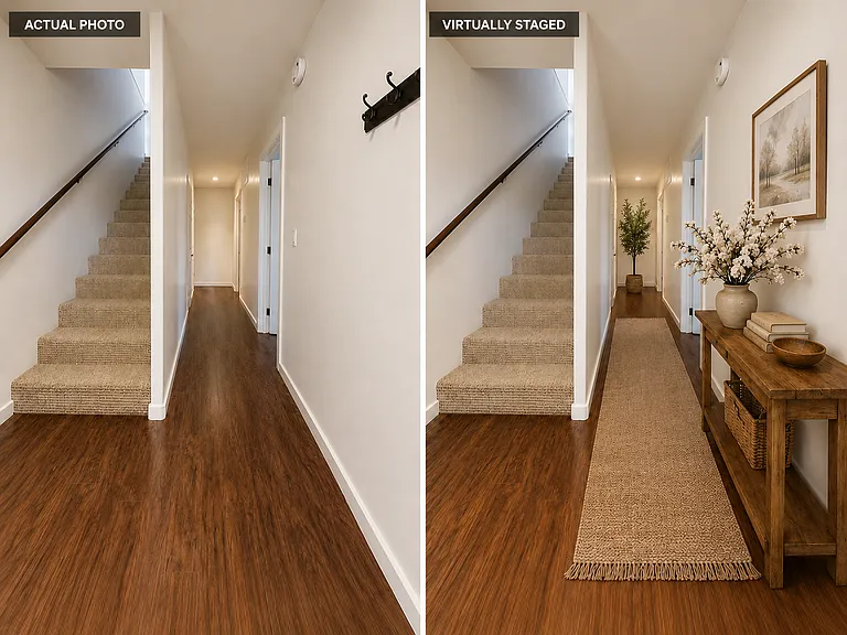 A warm and welcoming entryway that leads you into the heart of the home, offering harmonious access to three spacious bedrooms and a full bathroom.