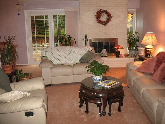 Spacious living room with wood burning fireplace