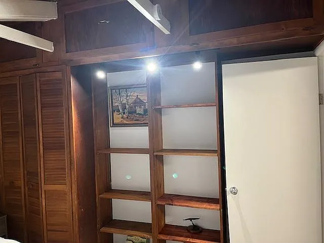 Shelves, overhead cabinets, and closet in the bedroom