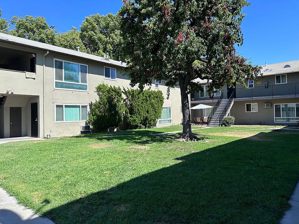 Street view of mature tree lined street of Edison Apartments in Burbank, California.