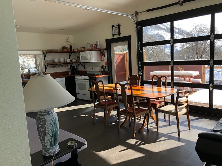 This gives a view of how the kitchen and living room are combined