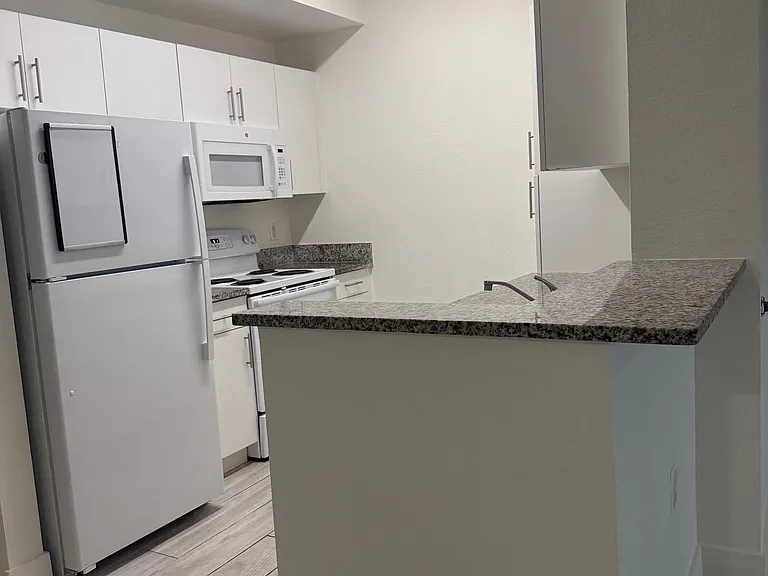 Modern kitchen with granite counters, ample cabinet space and modern finishes.