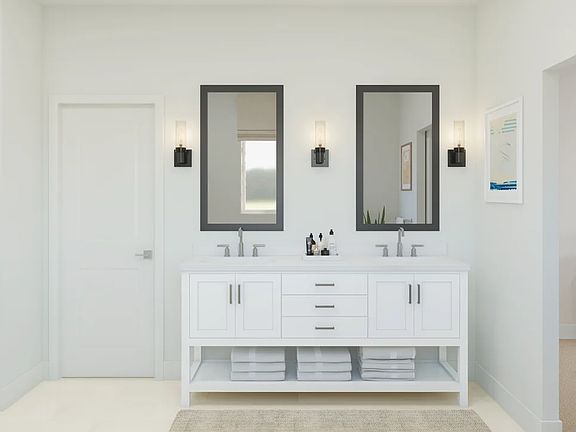 Primary bath with freestanding vanity and chrome fixtures