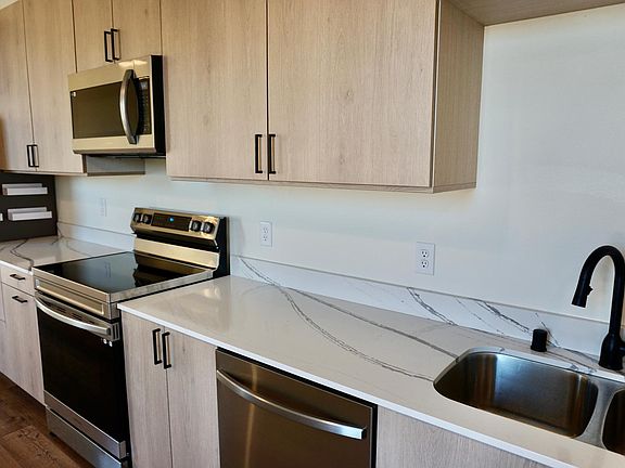 Quartz countertops and backsplash with stainless steel appliances
