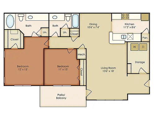 Floor plan 2 Bed, 2 Bath C (80% Income Restricted)