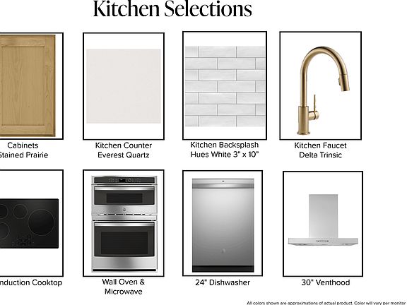 A grid of eight kitchen product images including cabinetry, quartz countertop, white tile backsplash