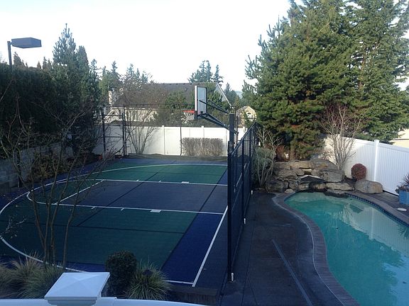Pool, Waterfall, Sportscourt, new decking, white vinyl fencing