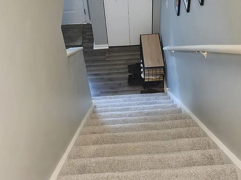 Carpeted stairway leads to a convenient entry landing with storage and durable flooring for easy everyday use.