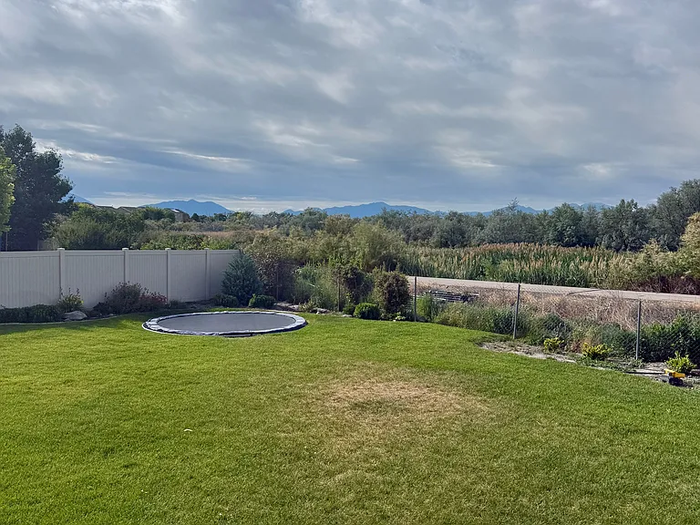 View of grass trail and mountains.