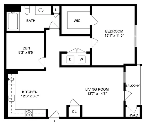 Floor plan 1 Bed/1 Bath Den-A3D
