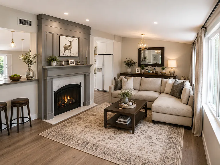 Large living room with open connection to the kitchen