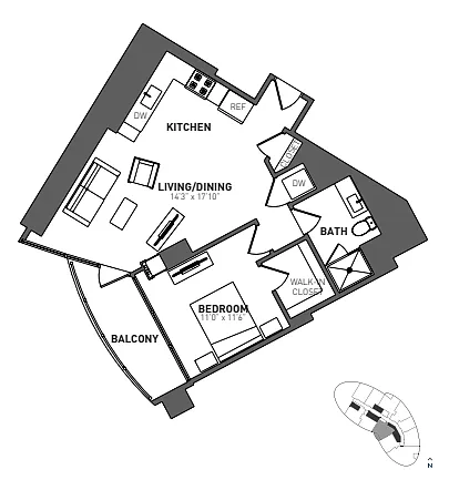 Floor plan 1 Bed 1 Bath-A13-2