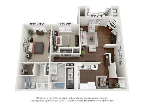 Floor plan Hen One - 2 Bed 2 Bath 2nd floor End