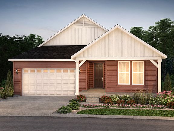 The Brownstone shown in Elevation A designed with classic shake siding, and pitched gable roofs.