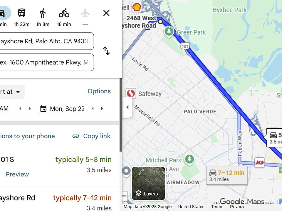 Driving to Google takes about 5 to 8 minutes in rush hours
