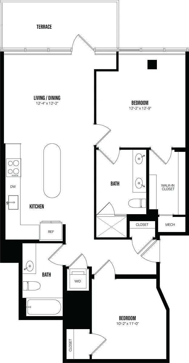 Floor plan 1 Bed/2 Bath Den-E2