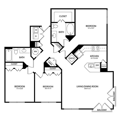 Floor plan 3 Bedroom, 2 Bath 1352 SF KD5