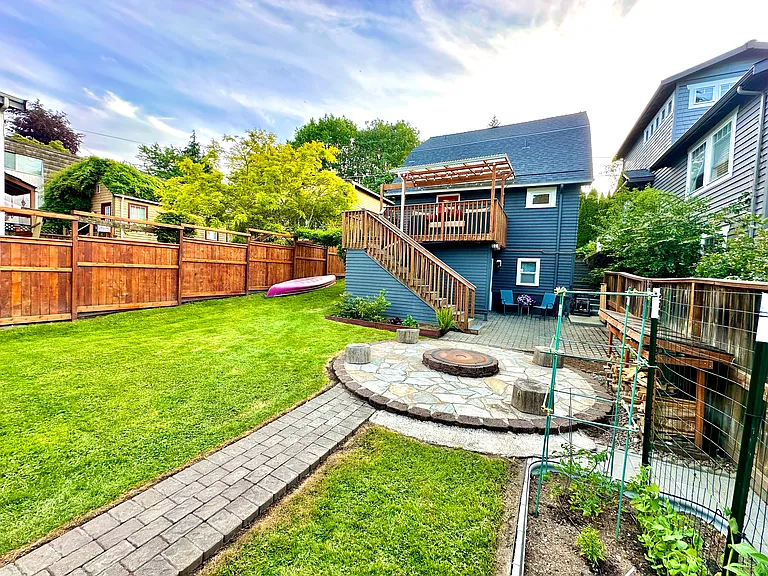 Back of house with yard and fire pit.