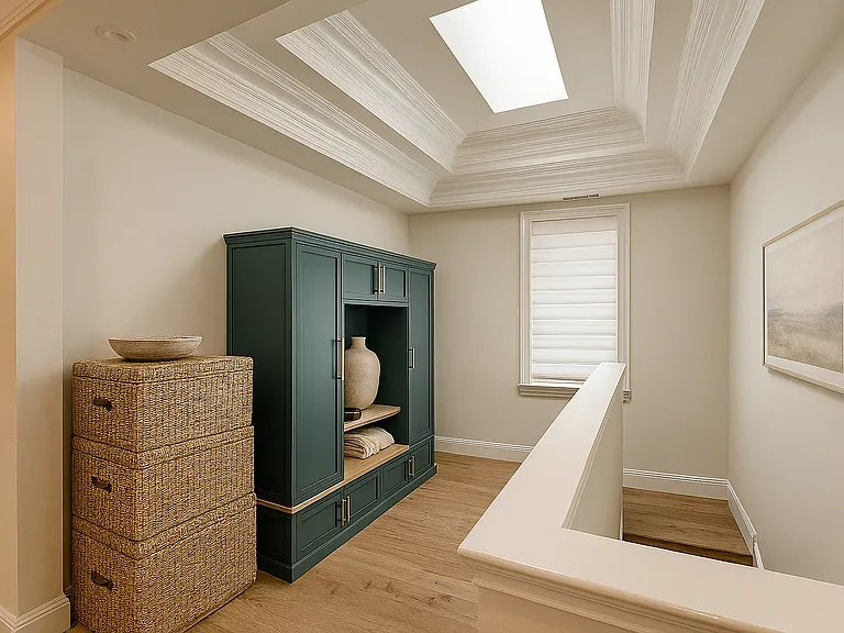 Foyer with built in mudroom storage with bench seating, shelving, shoe racks and skylight