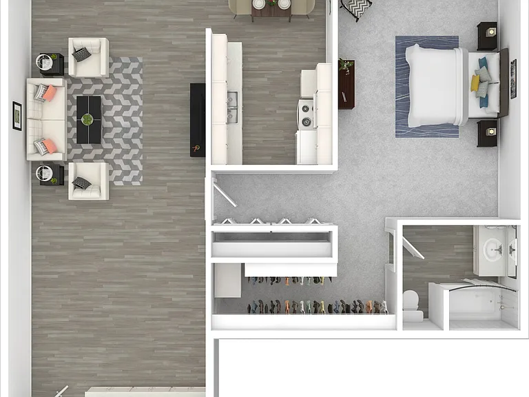 Alternate 3D Furnished One-Bedroom Floor Plan Alternate 3D Furnished One-Bedroom Floor Plan