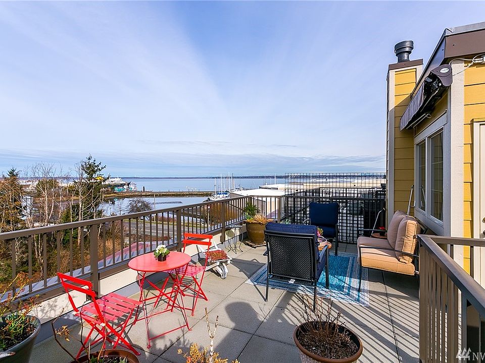 View from rooftop deck out to Bellingham Bay. Note the awning that can be pulled out for shade on a sunny day.
