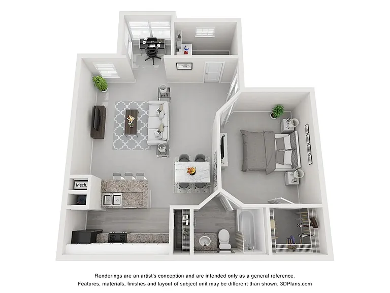A 3D floor plan rendering of The Caddy.
