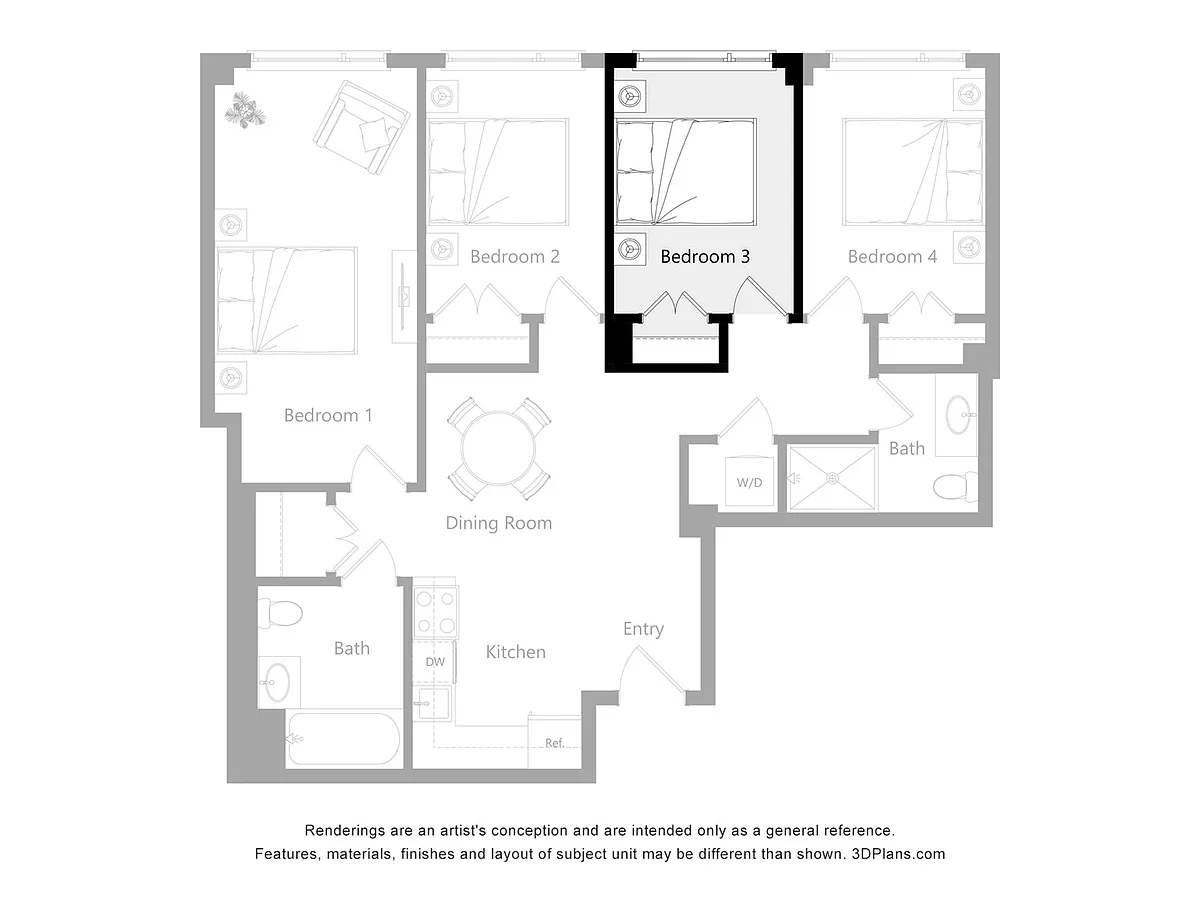 Floor plan Furnished Room in a 4 Bedroom 2 Bathroom (E3)