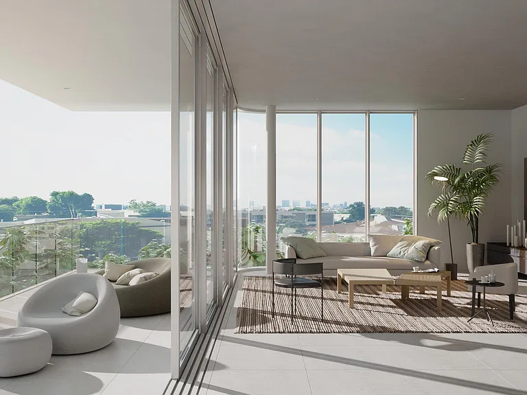 Expansive Living Room with Floor-to-Ceiling Windows - Bathed in natural light, this grand living space offers unobstructed city and greenery views.
