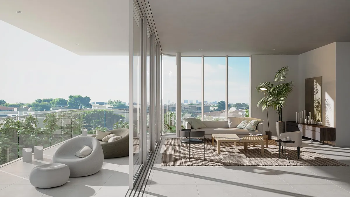 Photo 1 of 98 - Asteras Kings - West Hollywood, CA Expansive Living Room with Floor-to-Ceiling Windows - Bathed in natural light, this grand living space offers unobstructed city and greenery views. - Asteras Kings