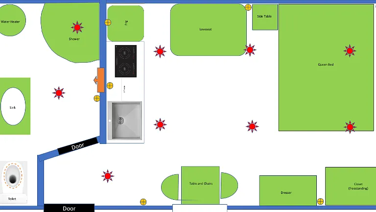 House layout with plenty of lighting indicated by the red stars