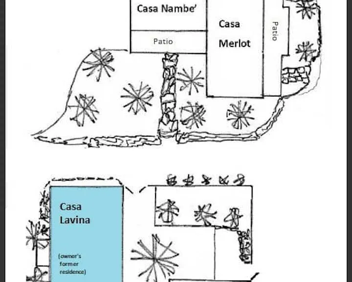 Property Map of our 4 rental Casitas. Vineyard is to the right, Front gate to the left.