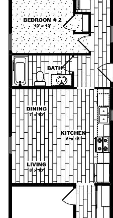 Black and white floor plan of a narrow home with porch, entry, living and dining areas, kitchen, 2 b