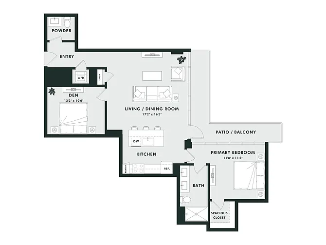 Floor plan C14 | 1 Bed | 1.5 Bath | Den