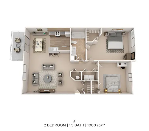Floor plan Two Bed 1.5 Bath 1000 Sqft