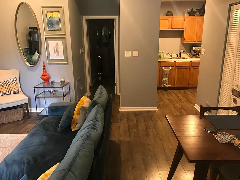 Laminate flooring throughout apartment.