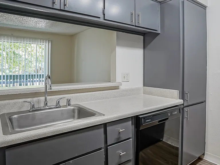 Updated Grey Cabinetry with Satin Nickel Hardware - Kitchen Bar - Gold Interior