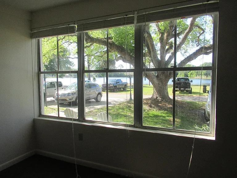 Front window blinds drawn up--large shade tree in front.