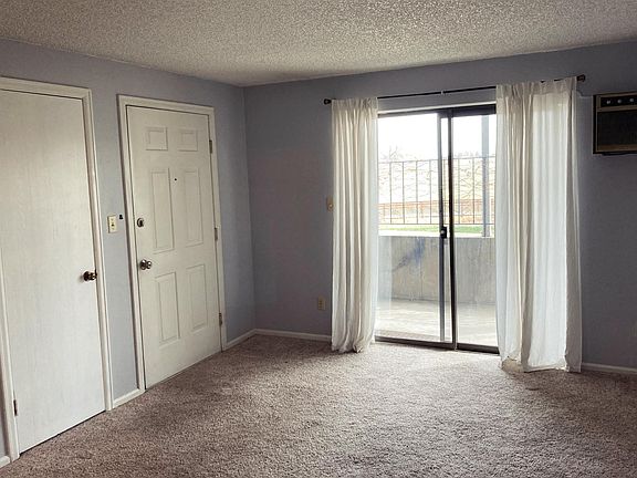 The living room is fully carpeted and leads out onto a small concrete patio. There is a closet for coats (visible here to the left of the front door).