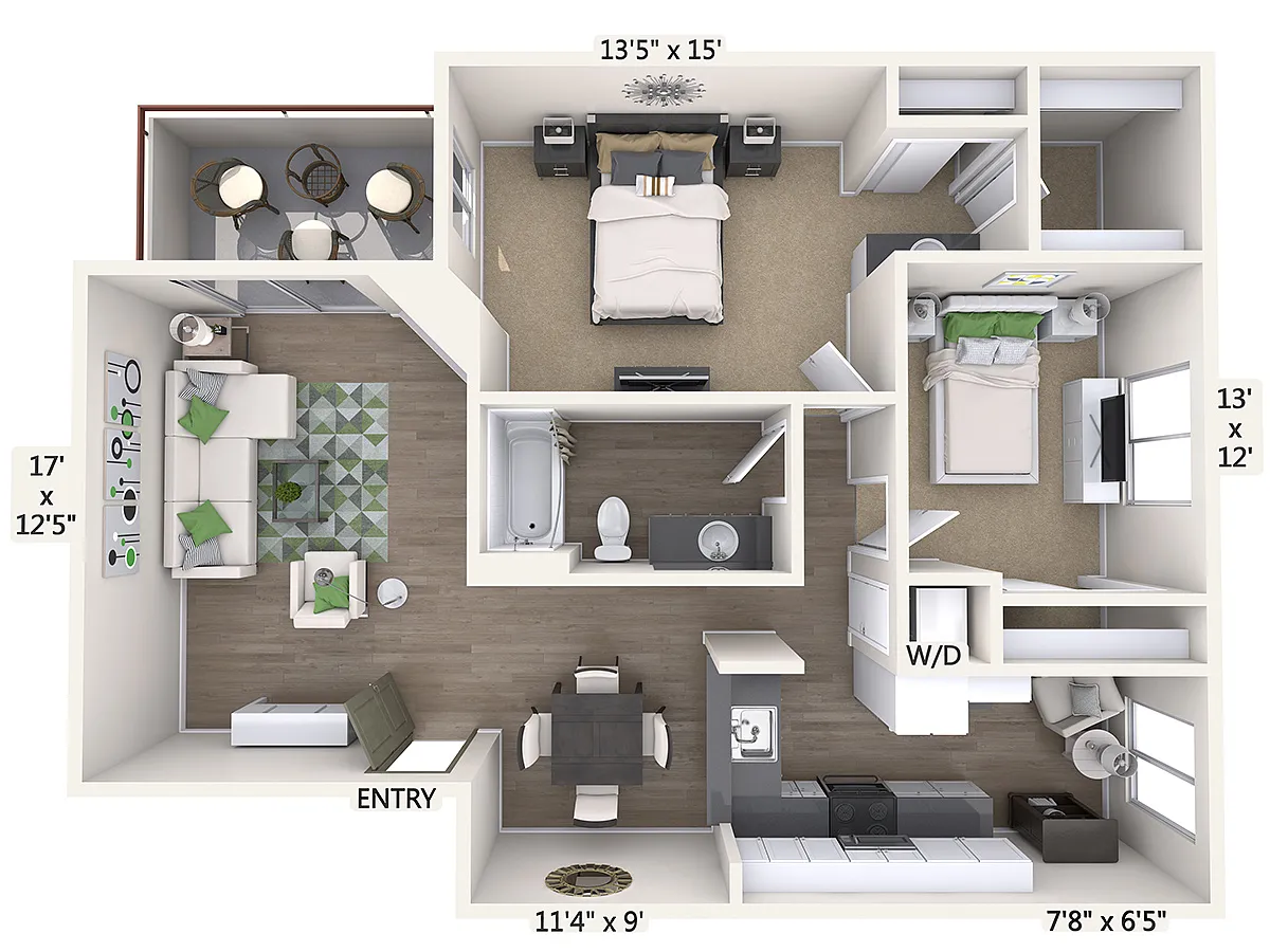 Floor plan 2BR-1BA-1000sq-Var-2