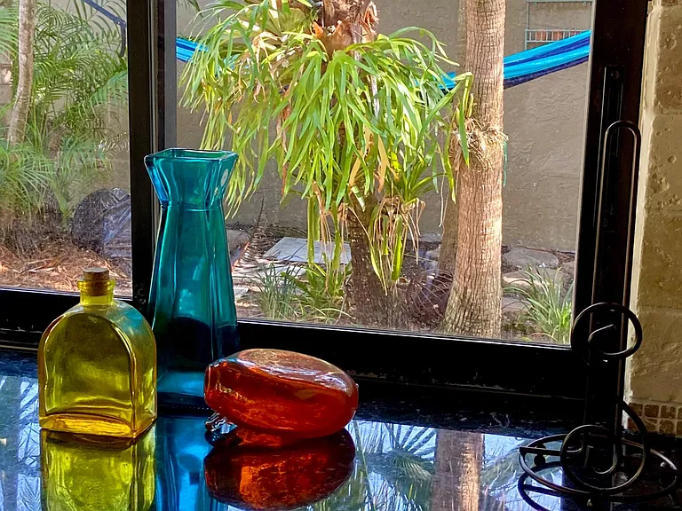 View from kitchen to side yard and hammock