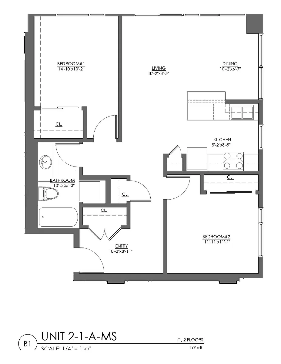 Floor plan 2 Bed 1 Bath - 897 sqft